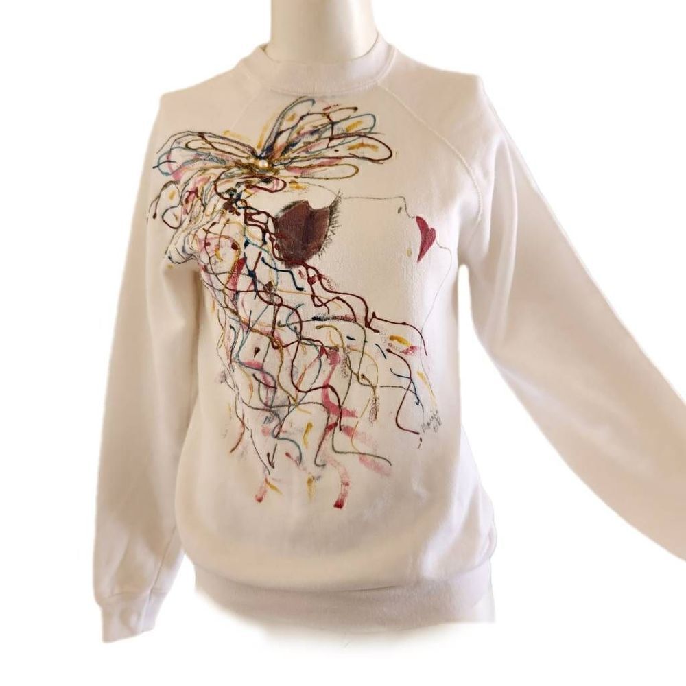 Tultex women's  x-small white vintage '80s pullover sweatshirt gel curly hair la